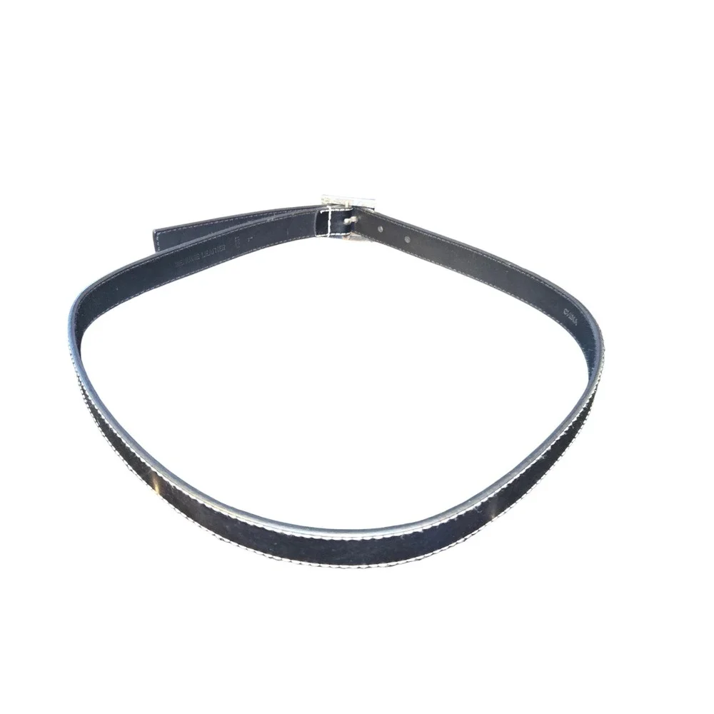Etienne Aigner Belt Women Large Black Leather Silver Buckle Contrast Stitch 1126